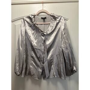 Alfani Women’s Ruffle Neckline Bow Tie Puff Long Sleeve Blouse Top Sz 14P Silver